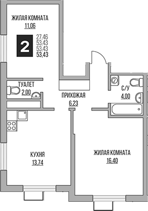 Планировка — Новая Алексеевская роща, 2-комн., 53 м²