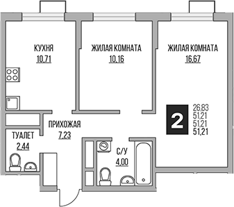 Планировка — Новая Алексеевская роща, 2-комн., 51 м²