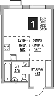 Планировка — Новая Алексеевская роща, Студия, 29 м²