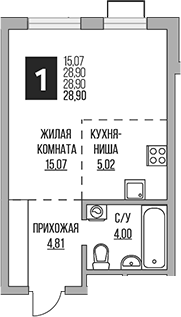 Планировка — Новая Алексеевская роща, Студия, 29 м²