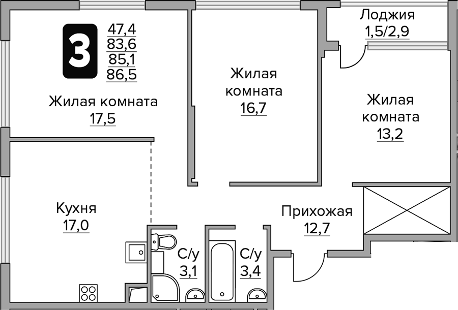 Планировка — Бригантина, 3-комн., 84 м²