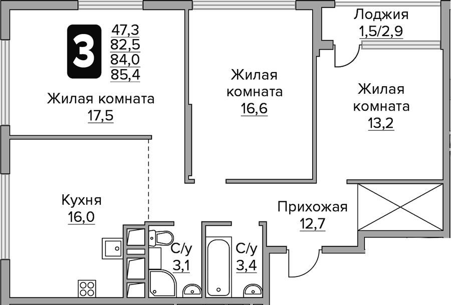 Планировка — Бригантина, 3-комн., 83 м²