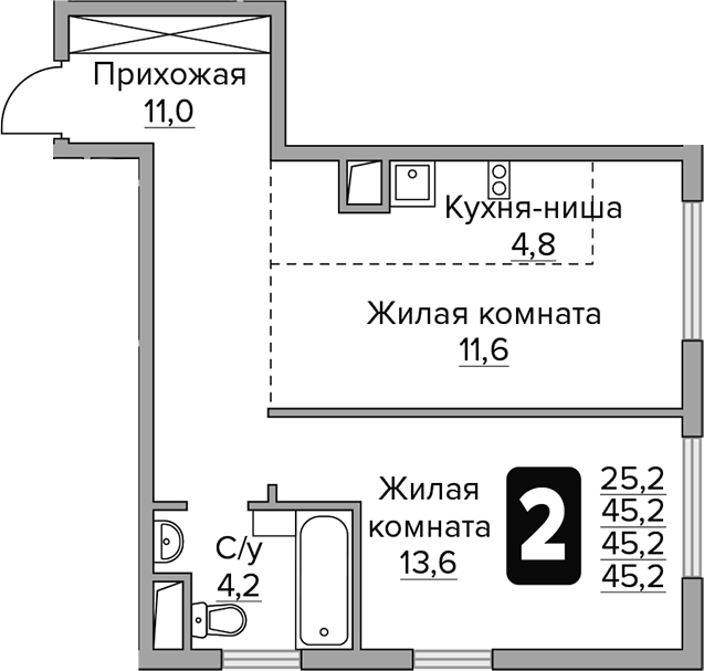 Планировка — Бригантина, 2-комн., 45 м²
