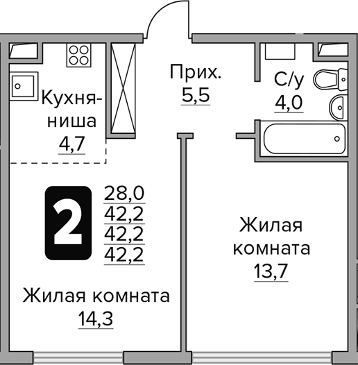 Планировка — Бригантина, 2-комн., 42 м²