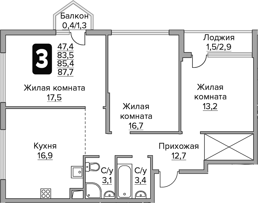 Планировка — Бригантина, 3-комн., 84 м²