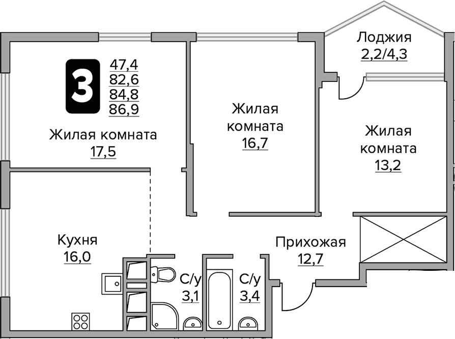 Планировка — Бригантина, 3-комн., 83 м²