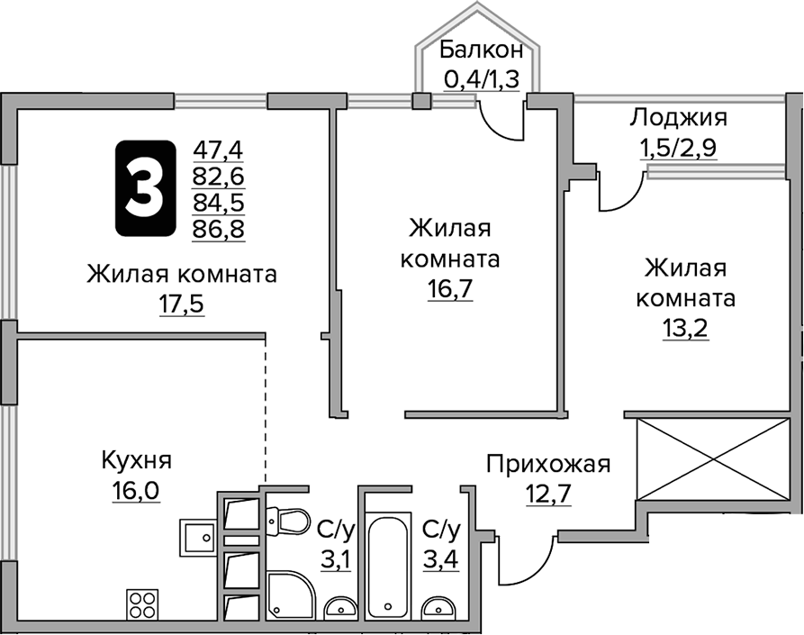 Планировка — Бригантина, 3-комн., 83 м²