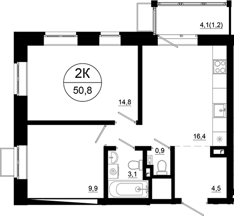 Планировка — Союзный, 2-комн., 50 м²