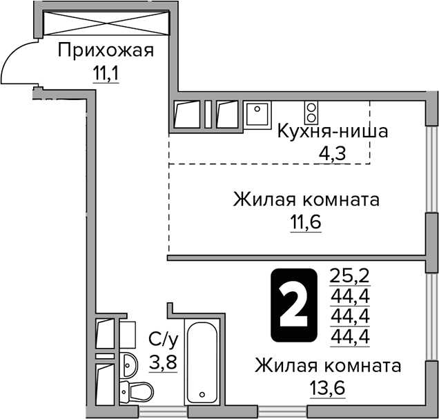 Планировка — Бригантина, 2-комн., 44 м²