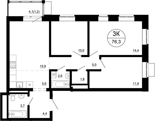 Планировка — Союзный, 4-комн., 75 м²