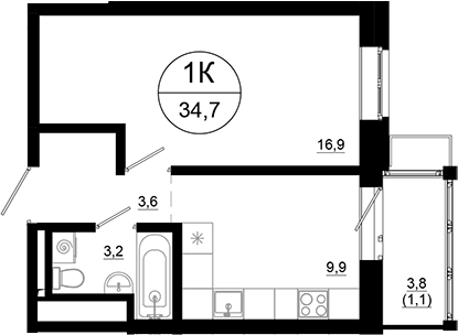 Планировка — Союзный, 1-комн., 34 м²