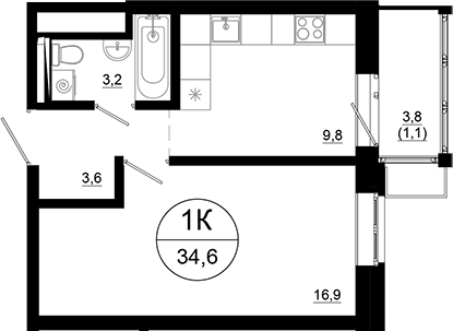 Планировка — Союзный, 1-комн., 34 м²