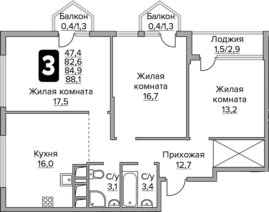 Планировка — Бригантина, 3-комн., 83 м²