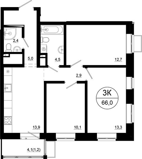 Планировка — Союзный, 3-комн., 65 м²
