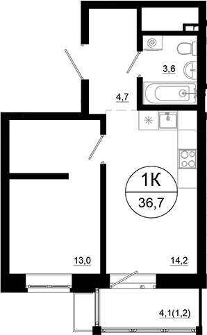 Планировка — Союзный, 1-комн., 36 м²