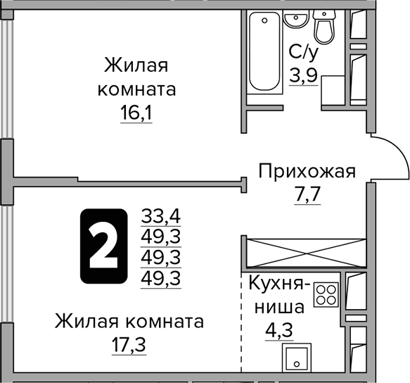 Планировка — Бригантина, 2-комн., 49 м²