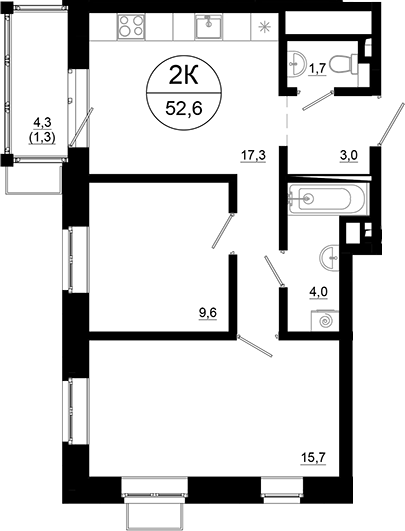 Планировка — Союзный, 2-комн., 51 м²