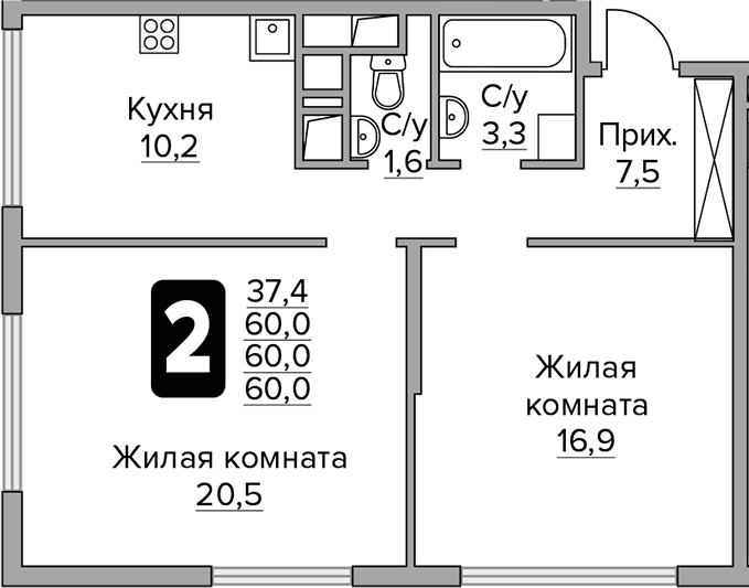 Планировка — Бригантина, 2-комн., 60 м²