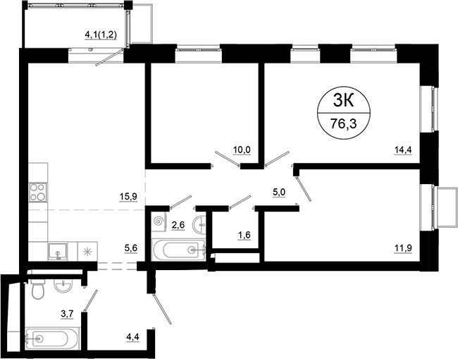 Планировка — Союзный, 4-комн., 75 м²