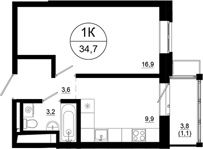 Планировка — Союзный, 1-комн., 34 м²