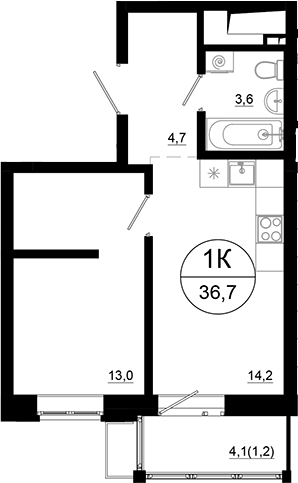 Планировка — Союзный, 1-комн., 36 м²