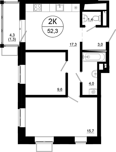 Планировка — Союзный, 2-комн., 51 м²