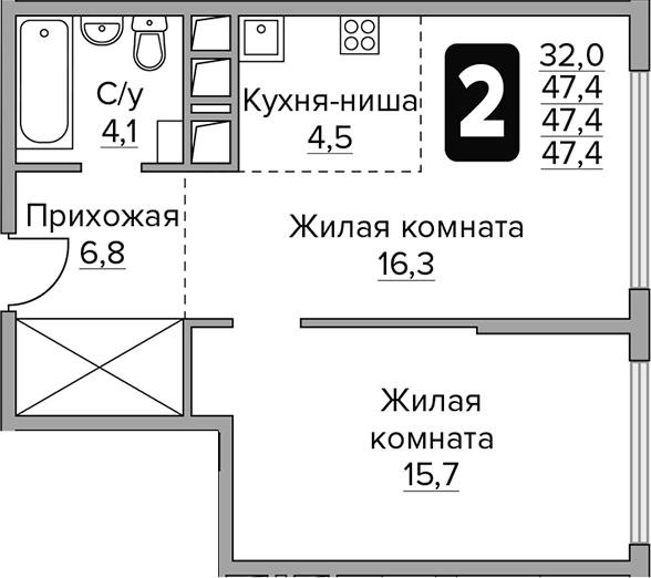 Планировка — Бригантина, 2-комн., 47 м²