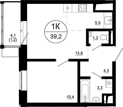 Планировка — Союзный, 2-комн., 38 м²