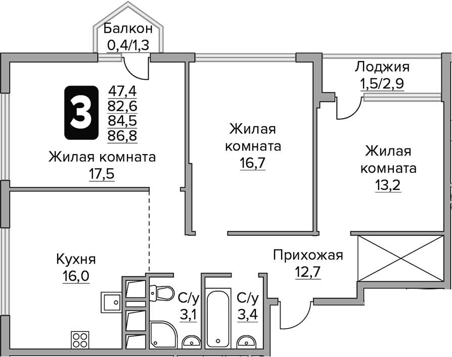 Планировка — Бригантина, 3-комн., 83 м²