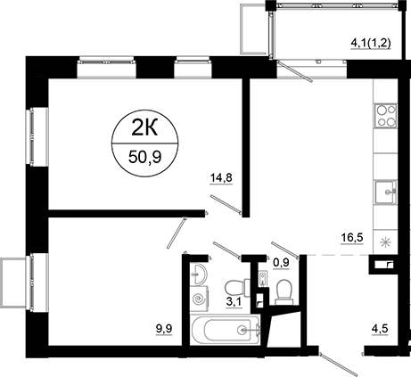 Планировка — Союзный, 2-комн., 50 м²