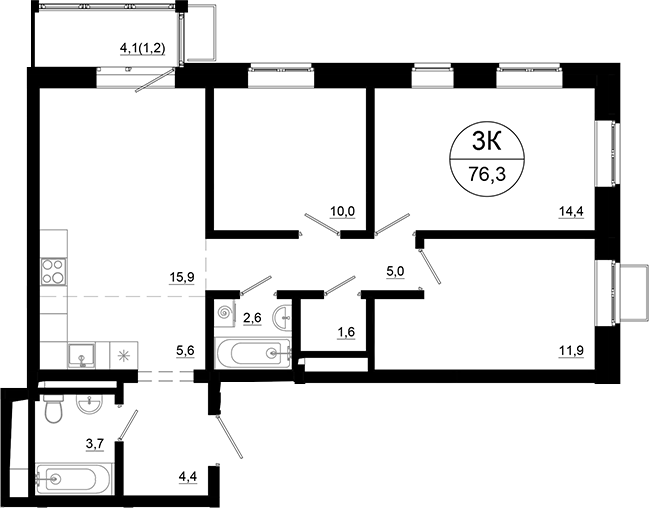 Планировка — Союзный, 4-комн., 75 м²