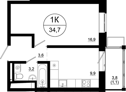 Планировка — Союзный, 1-комн., 34 м²
