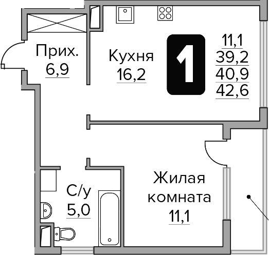 Планировка — Бригантина, 1-комн., 39 м²