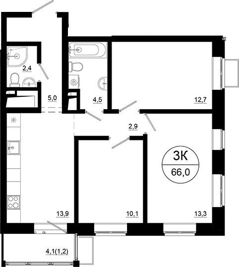 Планировка — Союзный, 3-комн., 65 м²