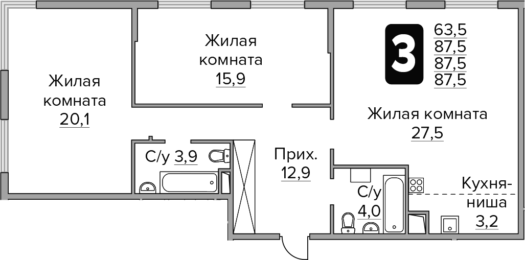 Планировка — Бригантина, 3-комн., 88 м²