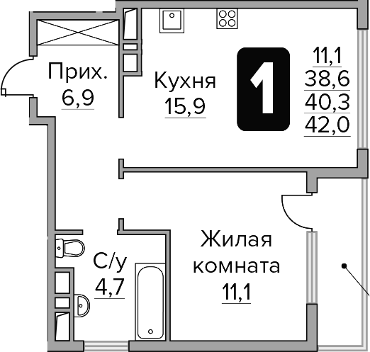 Планировка — Бригантина, 1-комн., 39 м²