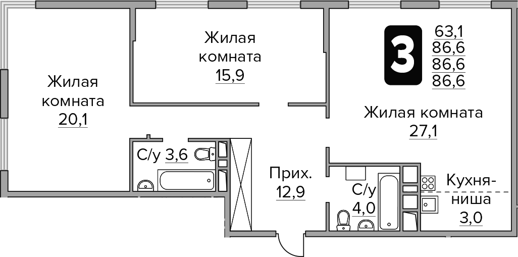 Планировка — Бригантина, 3-комн., 87 м²