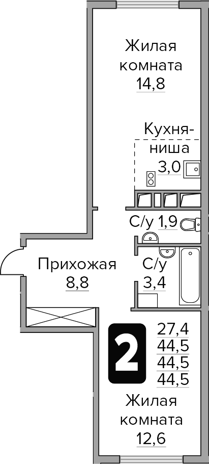 Планировка — Бригантина, 2-комн., 45 м²