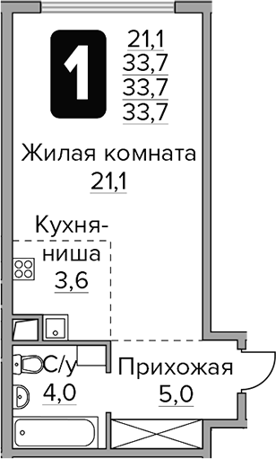Планировка — Бригантина, Студия, 34 м²