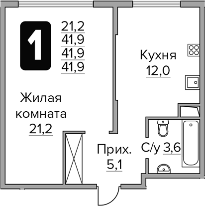 Планировка — Бригантина, 1-комн., 42 м²