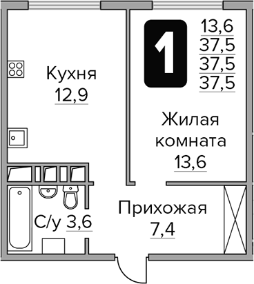 Планировка — Бригантина, 1-комн., 38 м²
