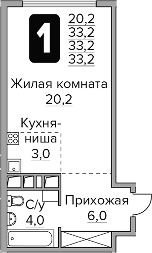 Планировка — Бригантина, Студия, 33 м²