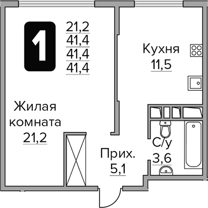 Планировка — Бригантина, 1-комн., 41 м²