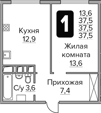 Планировка — Бригантина, 1-комн., 38 м²