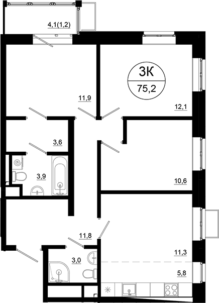 Планировка — Союзный, 4-комн., 74 м²