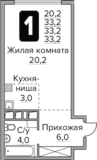 Планировка — Бригантина, Студия, 33 м²