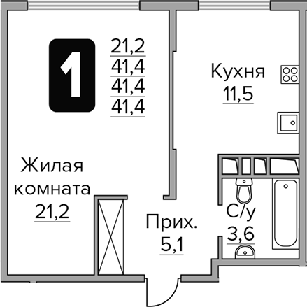 Планировка — Бригантина, 1-комн., 41 м²