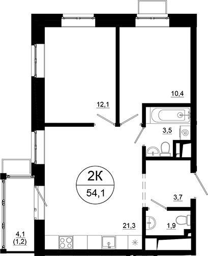 Планировка — Союзный, 2-комн., 53 м²