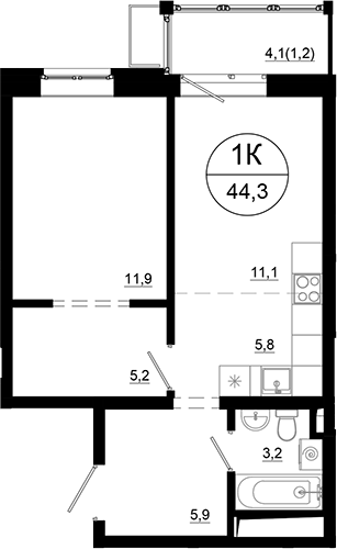 Планировка — Союзный, 2-комн., 43 м²
