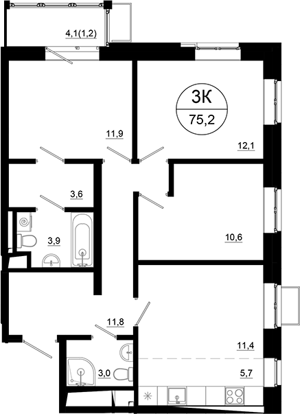 Планировка — Союзный, 4-комн., 74 м²